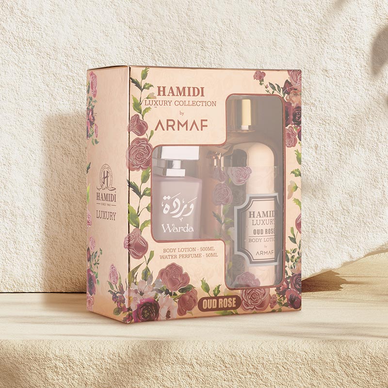 OUD ROSE BODY LOTION 500ML & WARDA WATER PERFUME 50ML - 2 PIECES GIFT SET
