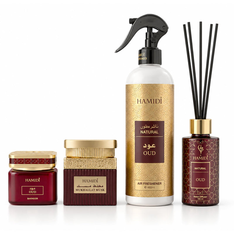 HOME SANCTUARY ESSENTIALS GIFT PACK – NATURAL OUD BAKHOOR, MUATTAR, AIR FRESHENER & REED DIFFUSER