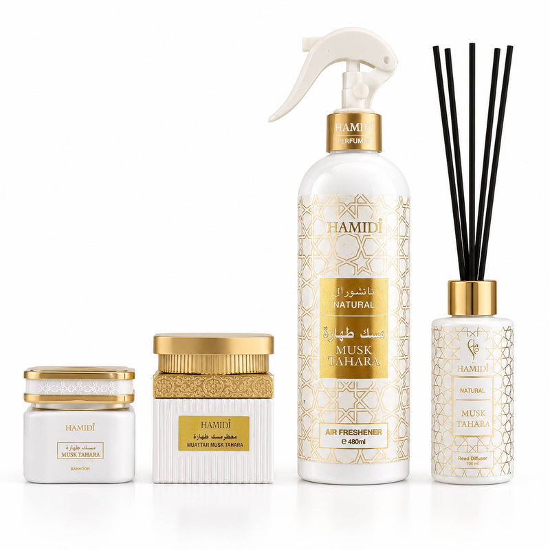 HOME SANCTUARY ESSENTIALS GIFT PACK – MUSK TAHARA BAKHOOR, MUATTAR, AIR FRESHENER & OUD REED DIFFUSER